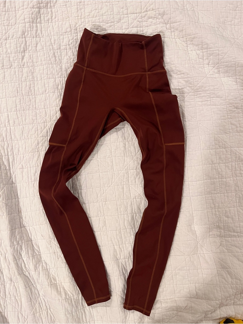Fabletics Women's High-Waisted Leggings in Brown Motion 365 with Brown Stitching